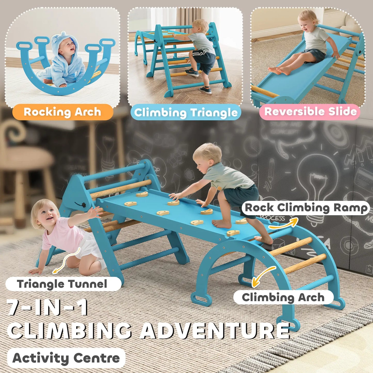 7-in-1 Pikler Triangle Set, Foldable Wooden Climbing Toys, Blue Kids Gym & Playmats at Gallery Canada