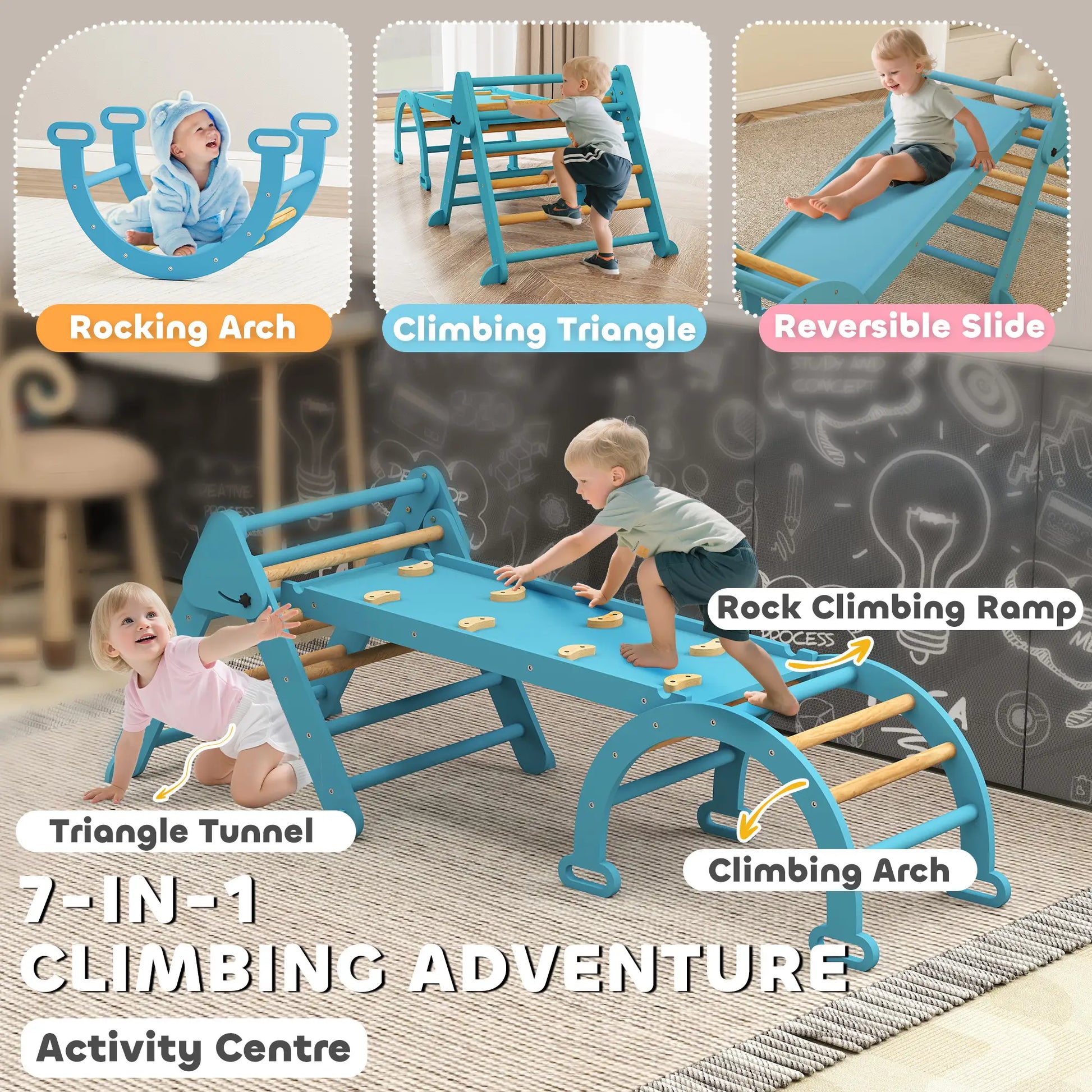 7-in-1 Pikler Triangle Set, Foldable Wooden Climbing Toys, Blue Kids Gym & Playmats at Gallery Canada