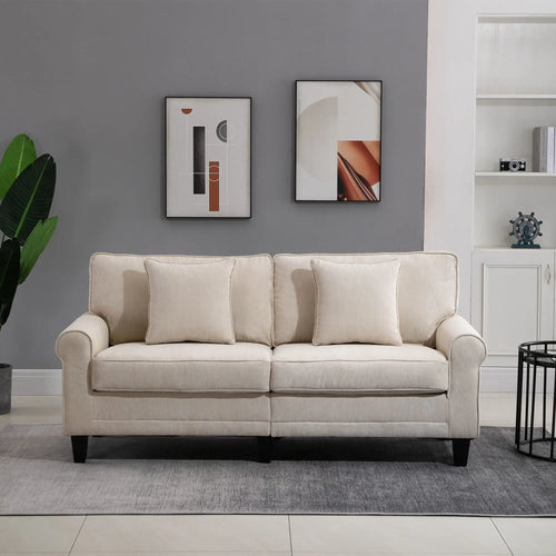 Modern 3 Seater Sofa, Corduroy Fabric, Pine Wood Legs, Beige