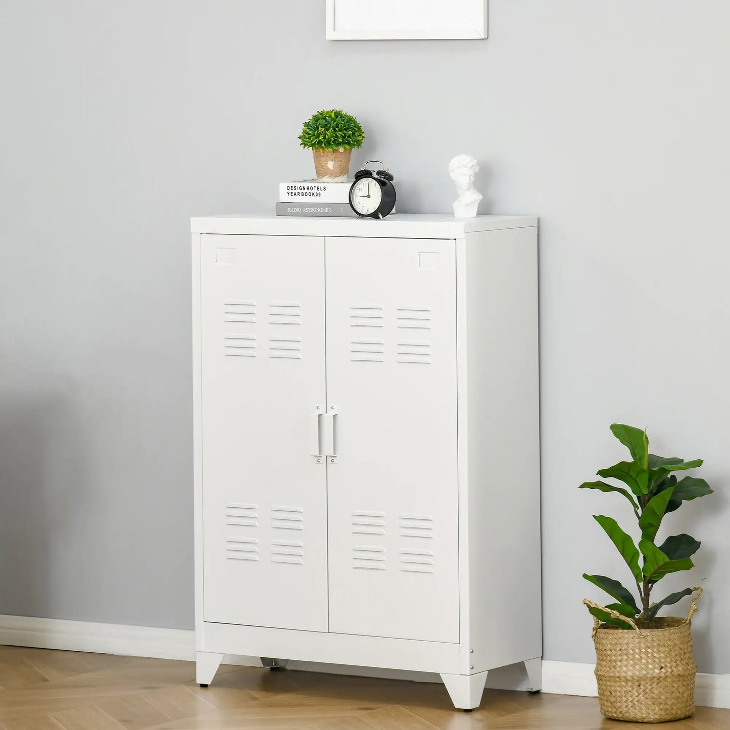 Metal Storage Cabinet, 2 Louvered Doors, Adjustable Shelves, White Storage Cabinets at Gallery Canada