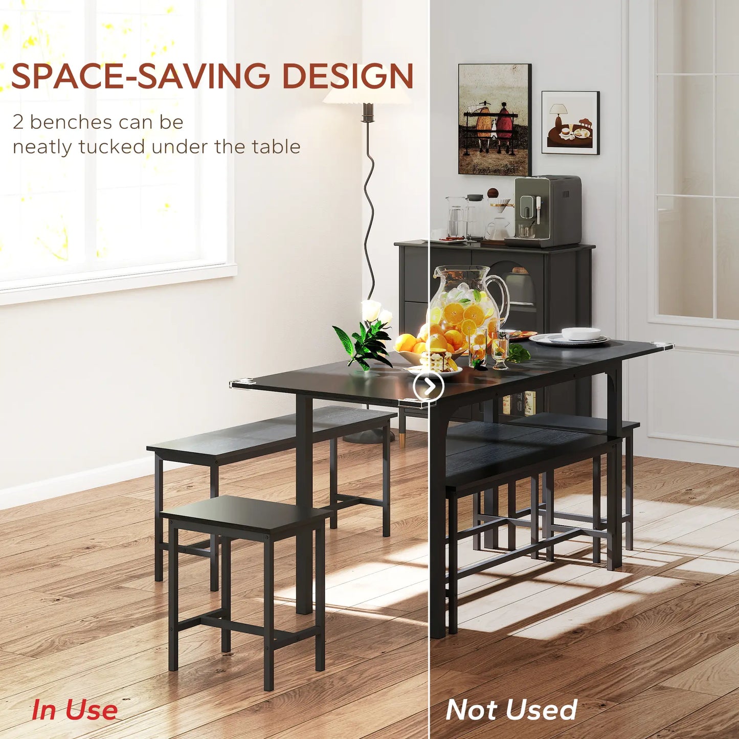 Extendable Dining Table Set, 5-Piece for 4-6 with 2 Benches and 2 Stools, Black Dining Table Sets at Gallery Canada