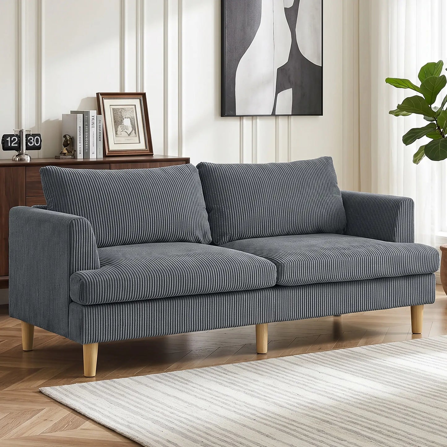 3 Seater Sofa, 74" Corduroy Couch, Solid Wood Legs, Dark Grey 3-Seater Sofas at Gallery Canada