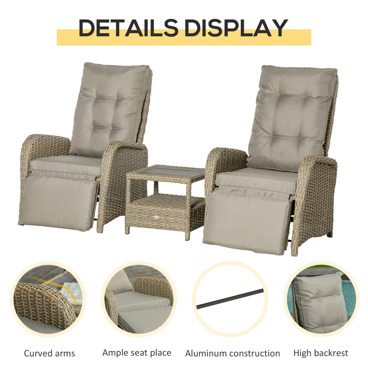 3pc Patio Wicker Bistro Set, PE Rattan Coffee Table, Adjustable Chairs, Khaki Bistro Sets at Gallery Canada