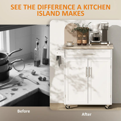 Mobile Kitchen Island Cart, Wooden Storage with Drawer, Towel Bar, White Kitchen Islands & Kitchen Carts at Gallery Canada