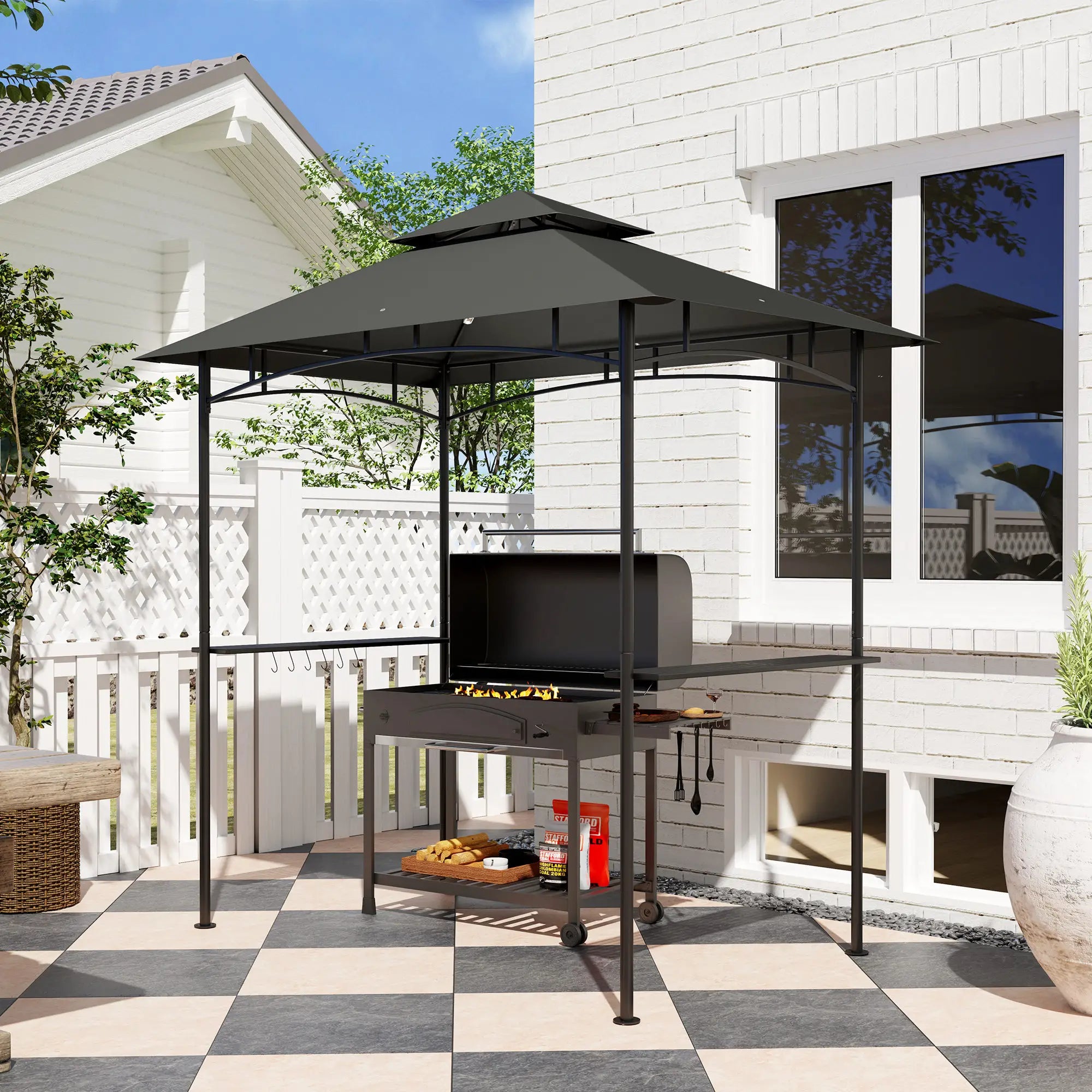 8' x 5' Outdoor Grill Gazebo, Double Tiered With Shelves, Dark Grey BBQ Grill Gazebos at Gallery Canada