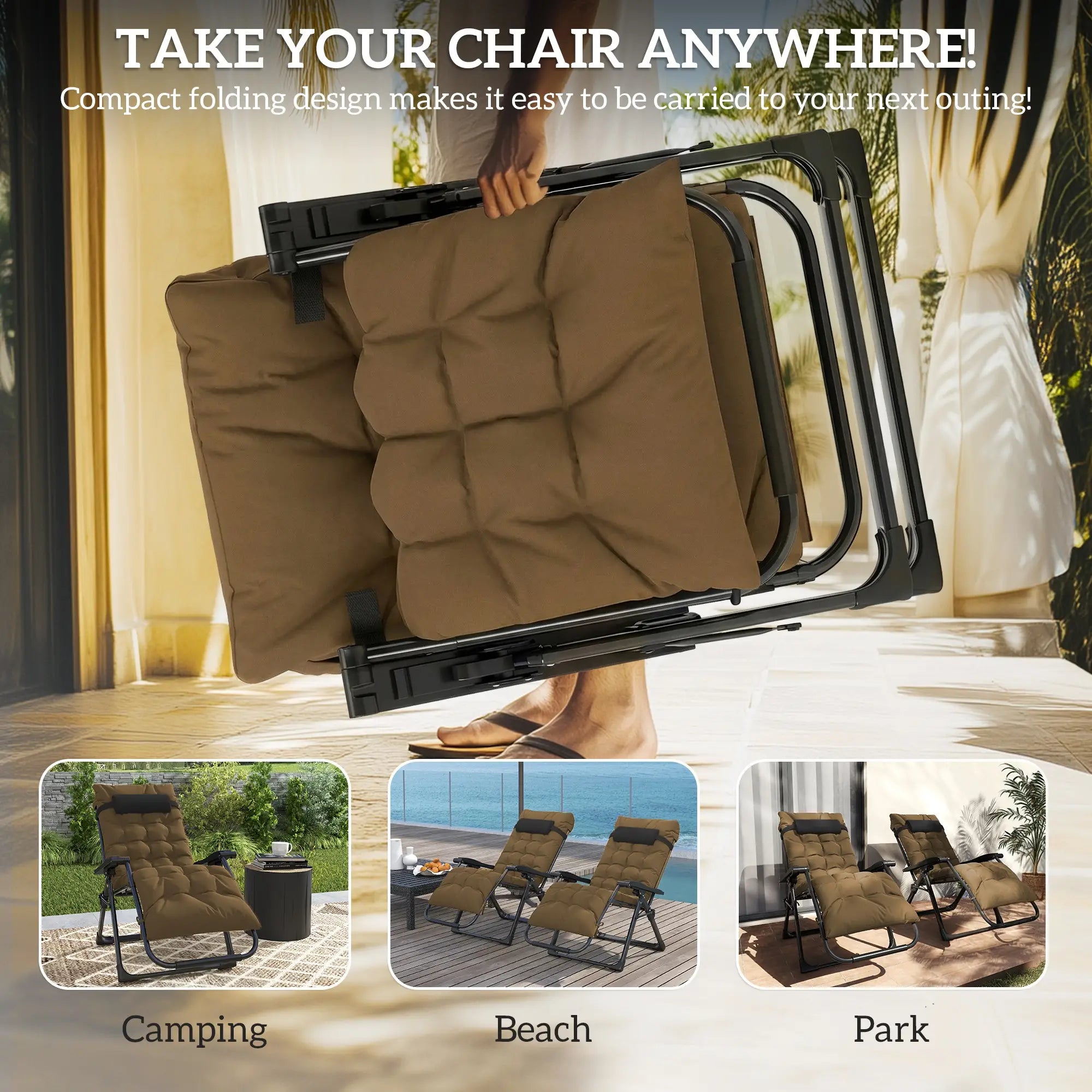 Folding Garden Chairs Set Of 2, Reclining Zero Gravity, Khaki Lounger Chairs at Gallery Canada