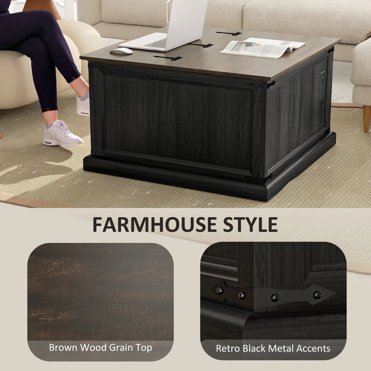 Lift Top Coffee Table, Square Farmhouse Center Table, Wood Grain, Black Coffee Tables at Gallery Canada