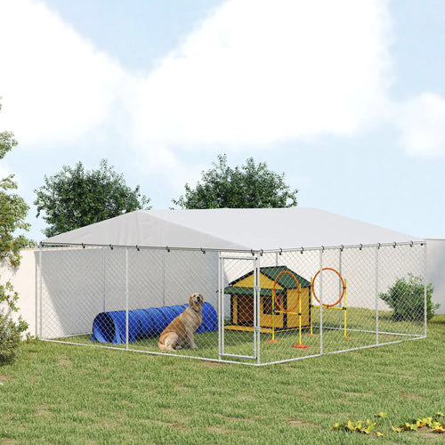14.8' x 14.8' x 7.1' Dog Kennel, Outdoor, Waterproof Cover, Silver