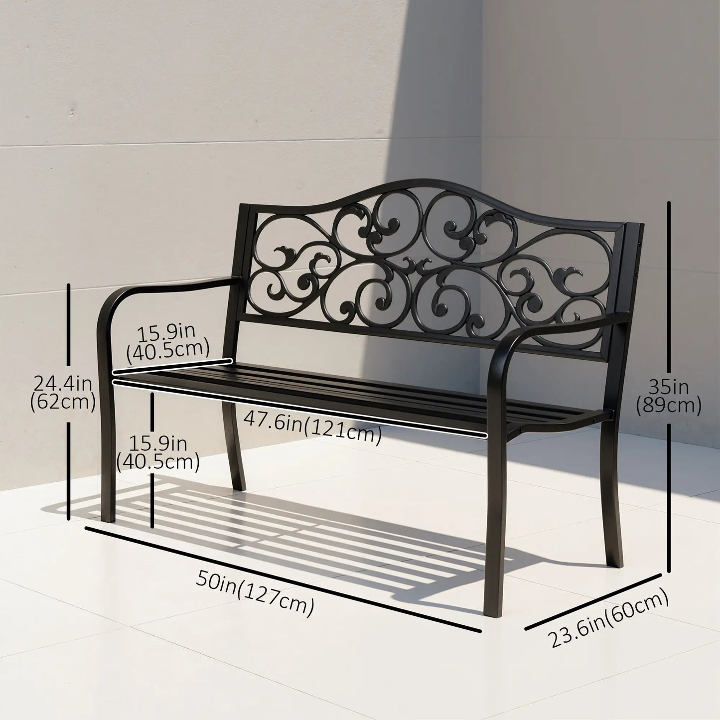 Vintage Floral Cast Metal Garden Bench, 50" x 23.6" x 35", Black Outdoor Benches at Gallery Canada