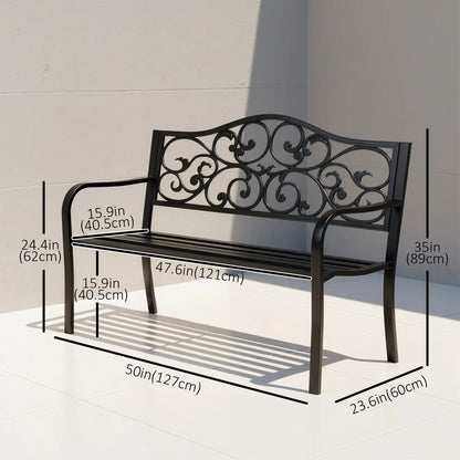Vintage Floral Cast Metal Garden Bench, 50" x 23.6" x 35", Black Outdoor Benches at Gallery Canada