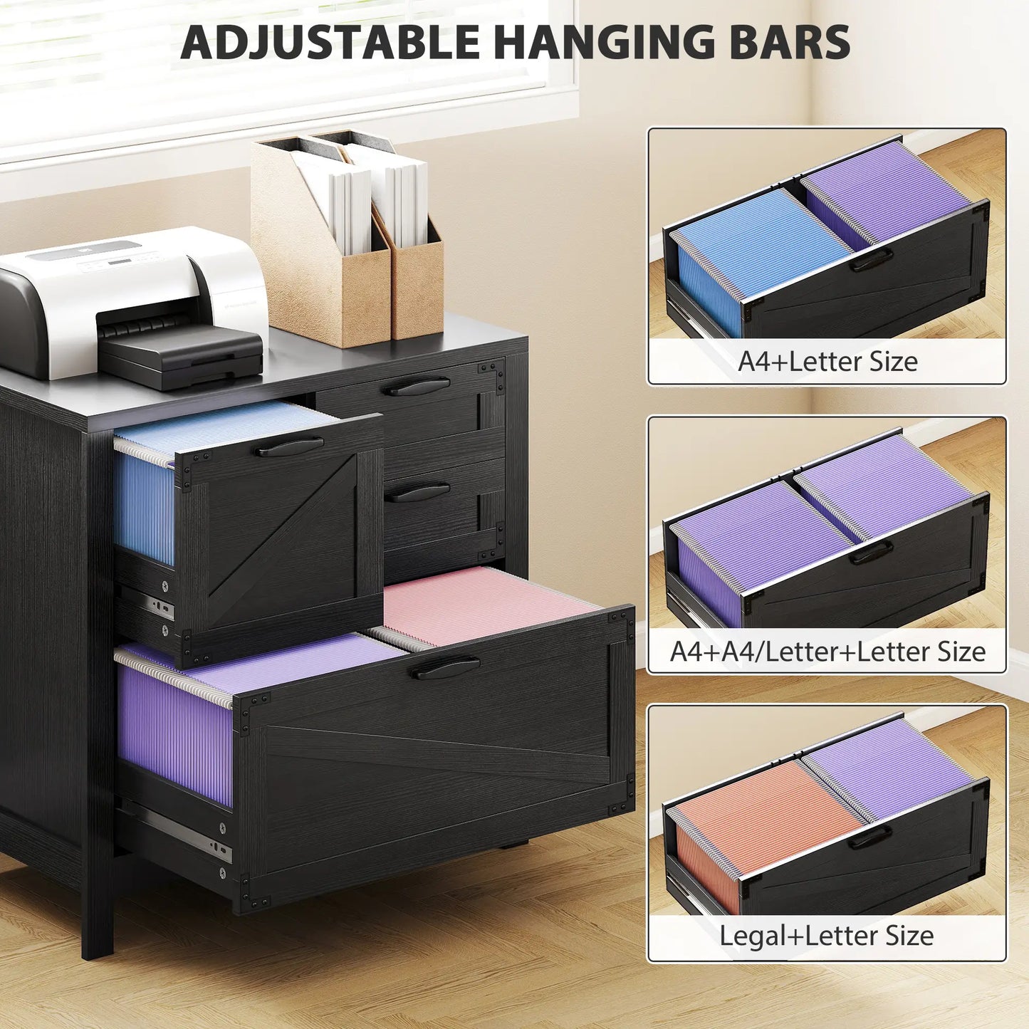 Lateral Filing Cabinet, 4 Drawers, Fits Letter/A4/Legal Files, Black Wood Grain, Black Office Cabinets & Cupboards at Gallery Canada