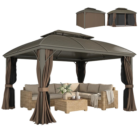 10' x 12' Hardtop Gazebo, Double Roof, Netting, Curtains, Garden, Backyard Gazebos Bronze, Coffee, Black at Gallery Canada