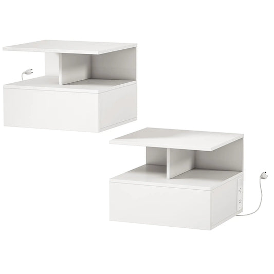 Floating Nightstand Set of 2, Wall Mounted Bedside Table with with Power Outlets, Drawer and Shelf, White Bedside Tables White at Gallery Canada