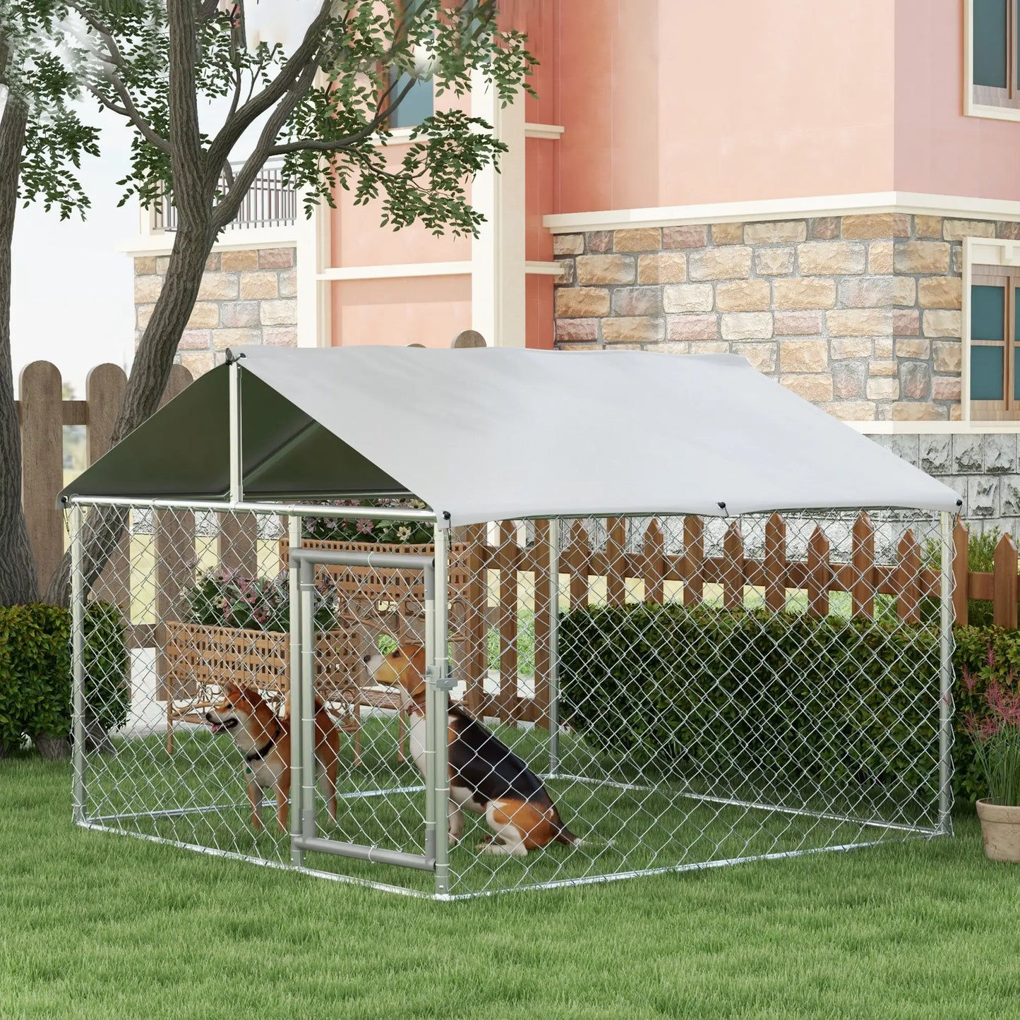 6.6' x 6.6' x 4.9' Outdoor Dog Kennel, Heavy Duty Galvanized Steel, UV-Resistant Roof, Silver Houses, Kennels & Pens at Gallery Canada