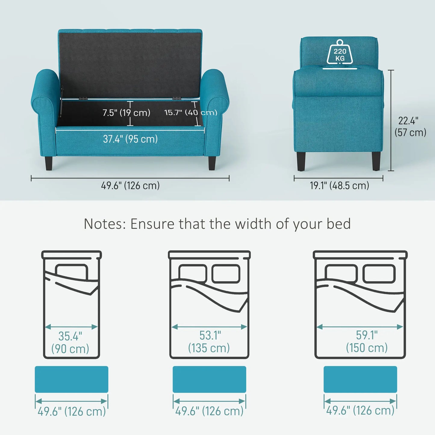 50 Inches Upholstered Storage Ottoman, Rolled Arms, Button Tufted, Teal Storage Ottomans & Benches at Gallery Canada