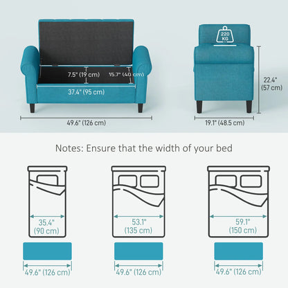 50 Inches Upholstered Storage Ottoman, Rolled Arms, Button Tufted, Teal Storage Ottomans & Benches at Gallery Canada