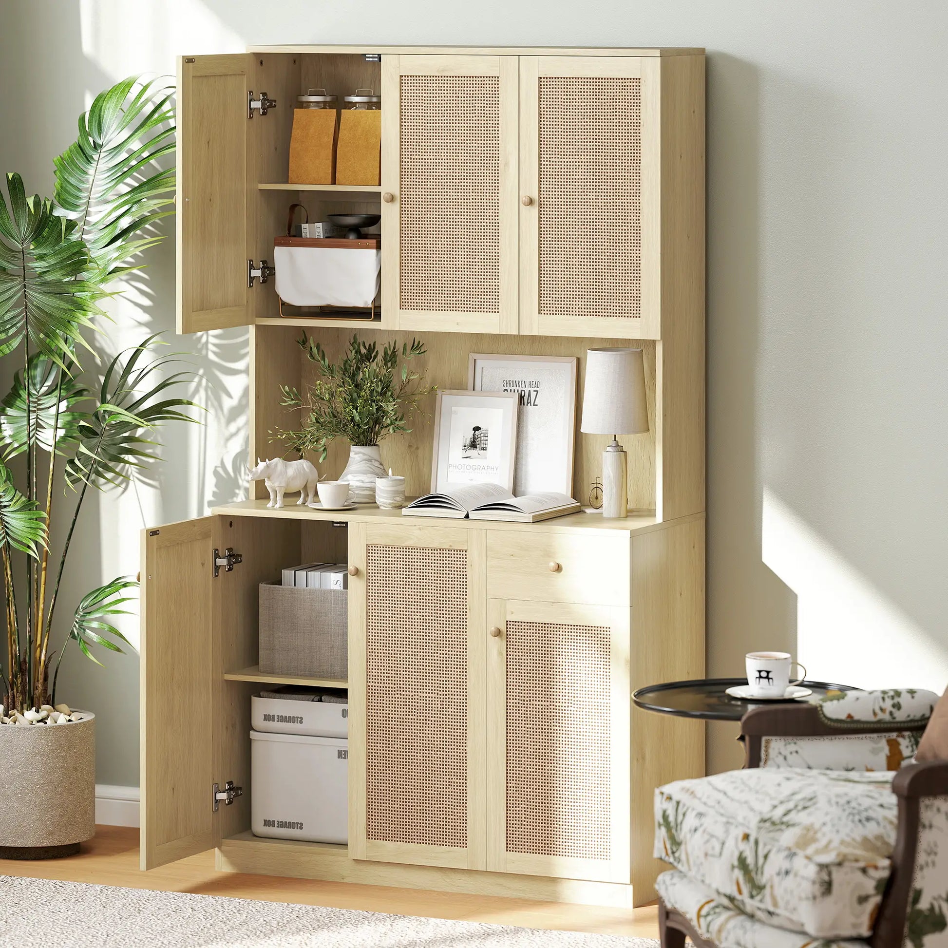 71" Kitchen Hutch with Microwave Countertop, Boho Pantry Cabinet, Rattan Doors, Natural Kitchen Pantry Cabinets at Gallery Canada