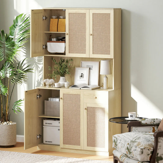 71" Kitchen Hutch with Microwave Countertop, Boho Pantry Cabinet, Rattan Doors, Natural Kitchen Pantry Cabinets Natural at Gallery Canada