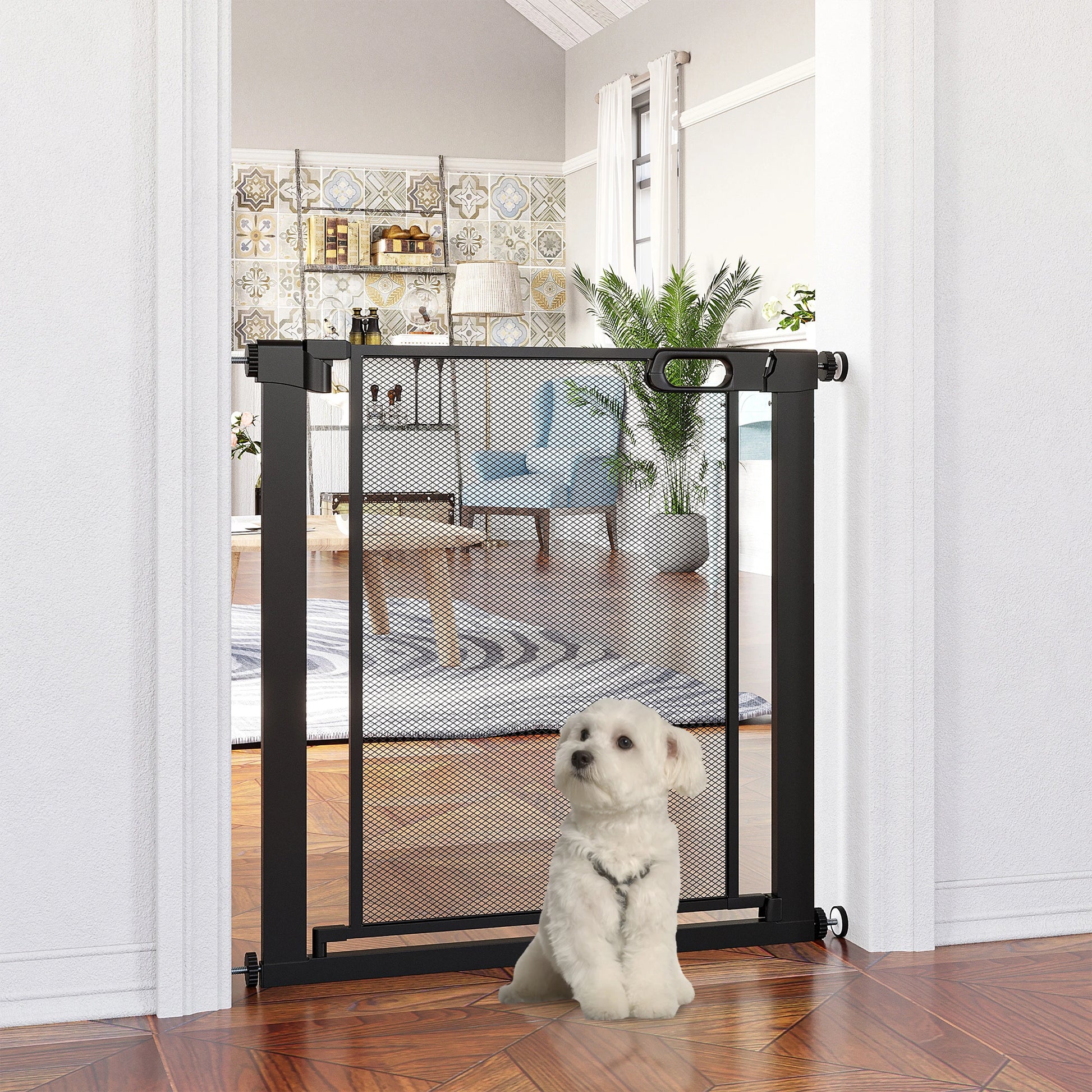29.5"-32.3" Metal Pet Gate, Auto Closing Door, Double Locking, Black Houses, Kennels & Pens at Gallery Canada