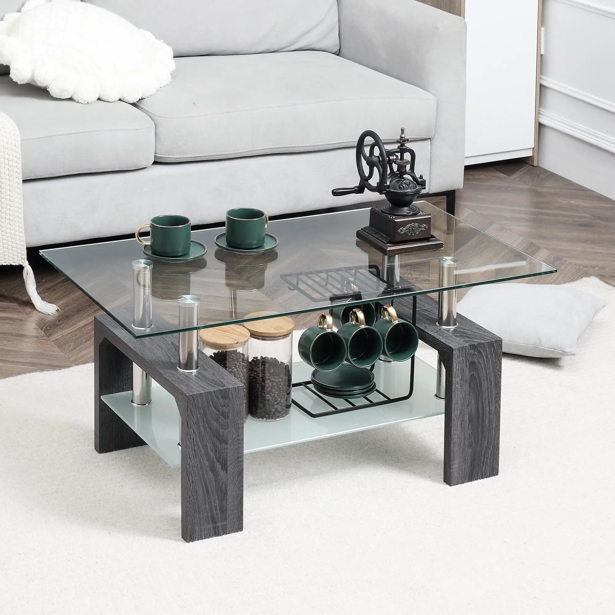 Rectangular Glass Coffee Table, 2-Tier Center Table, Grey Coffee Tables at Gallery Canada