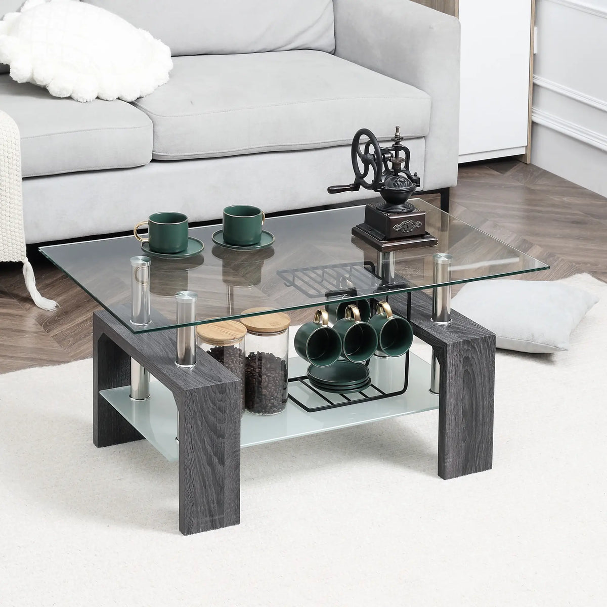 Rectangular Glass Coffee Table, 2-Tier Center Table, Grey Coffee Tables at Gallery Canada