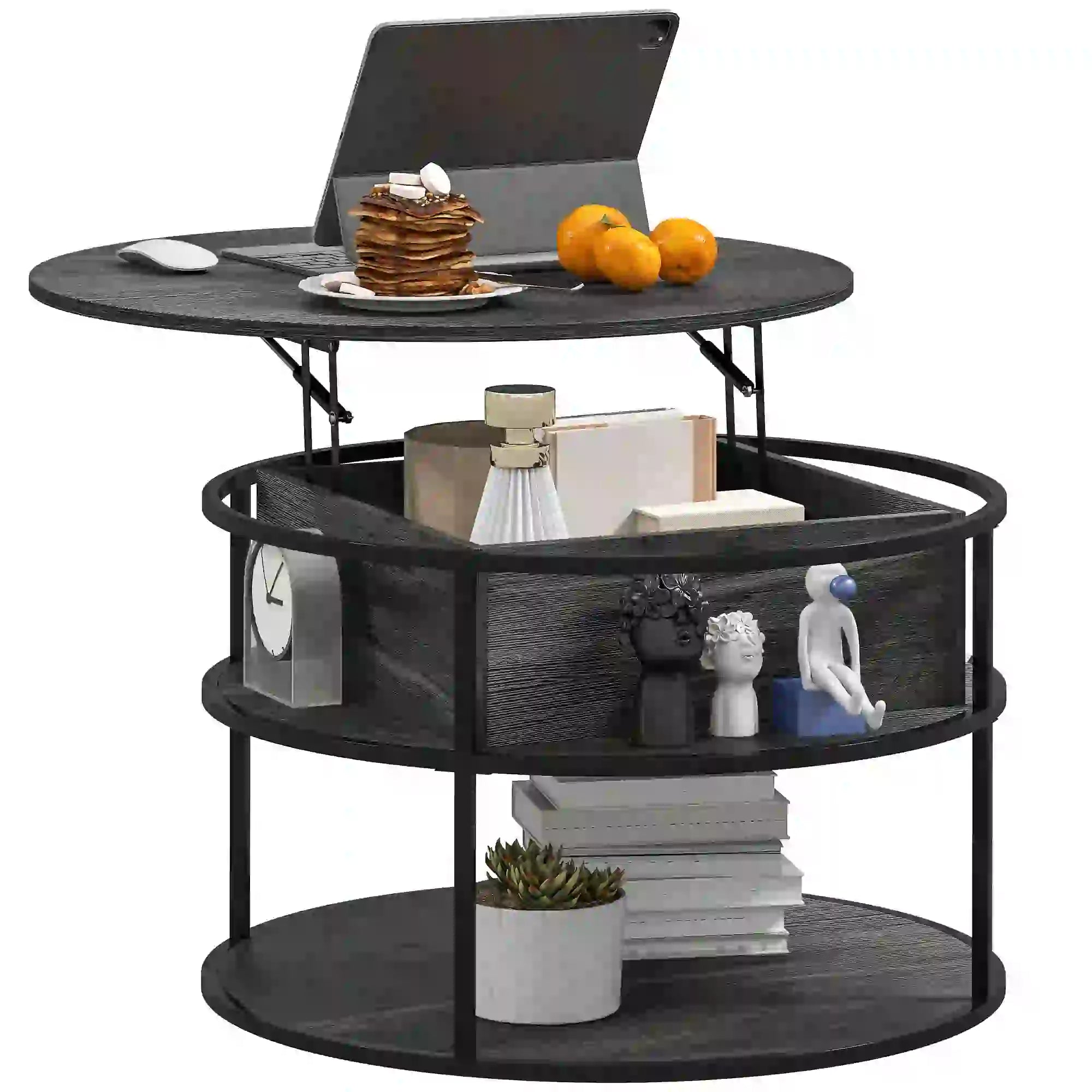 Round Lift Top Coffee Table, Storage Shelf, Hidden Compartment, Steel Frame, Distressed, Dark Grey Coffee Tables at Gallery Canada