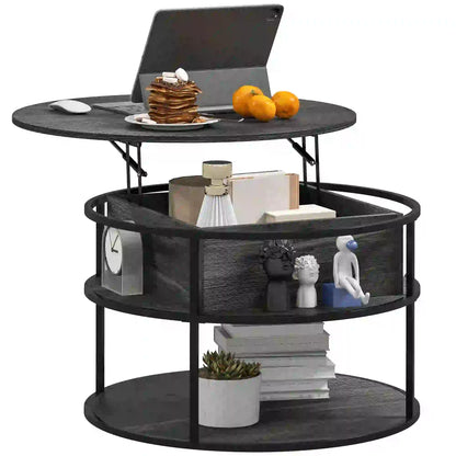 Round Lift Top Coffee Table, Storage Shelf, Hidden Compartment, Steel Frame, Distressed, Dark Grey Coffee Tables at Gallery Canada