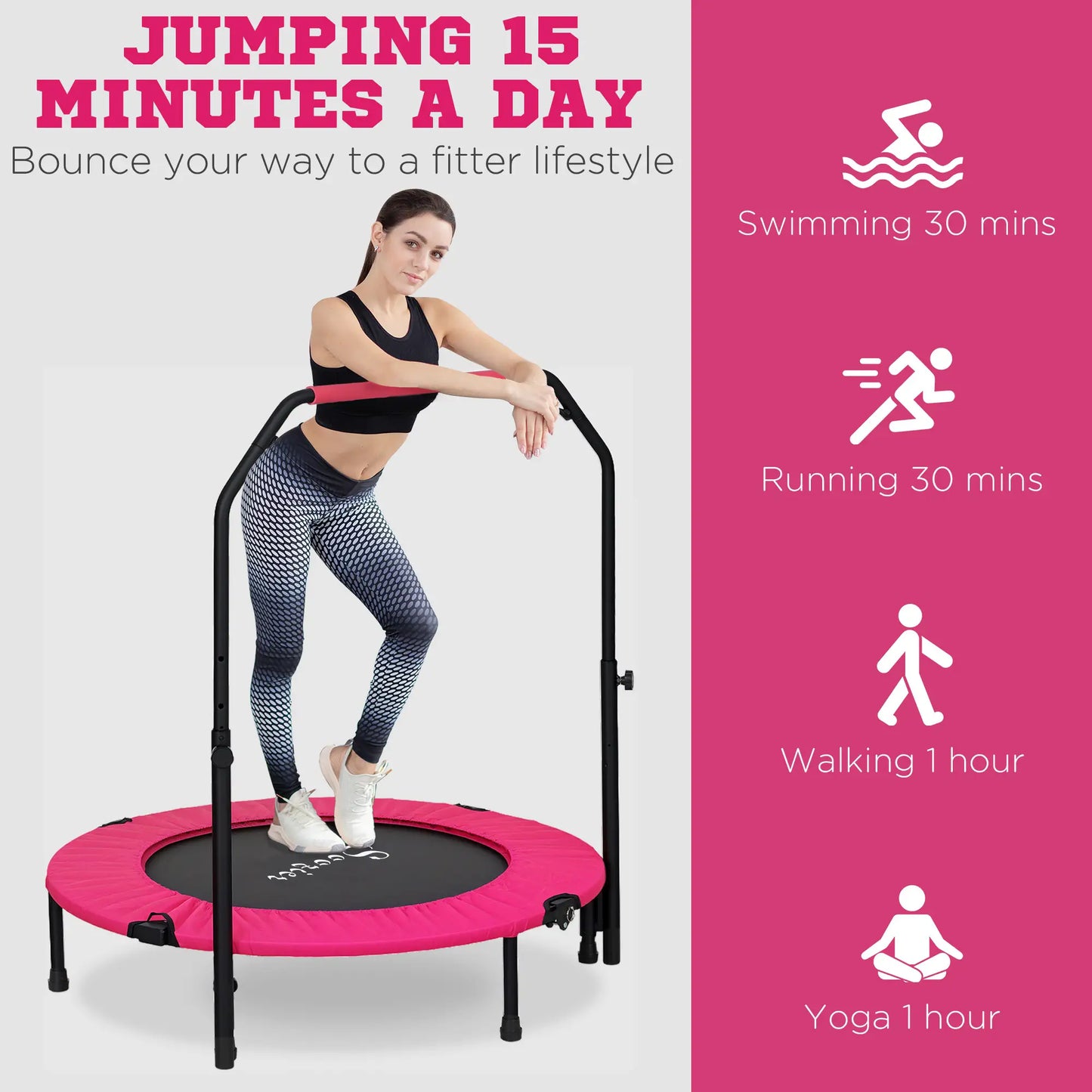 40" Foldable Mini Fitness Trampoline, Adjustable Foam Handle, Pink