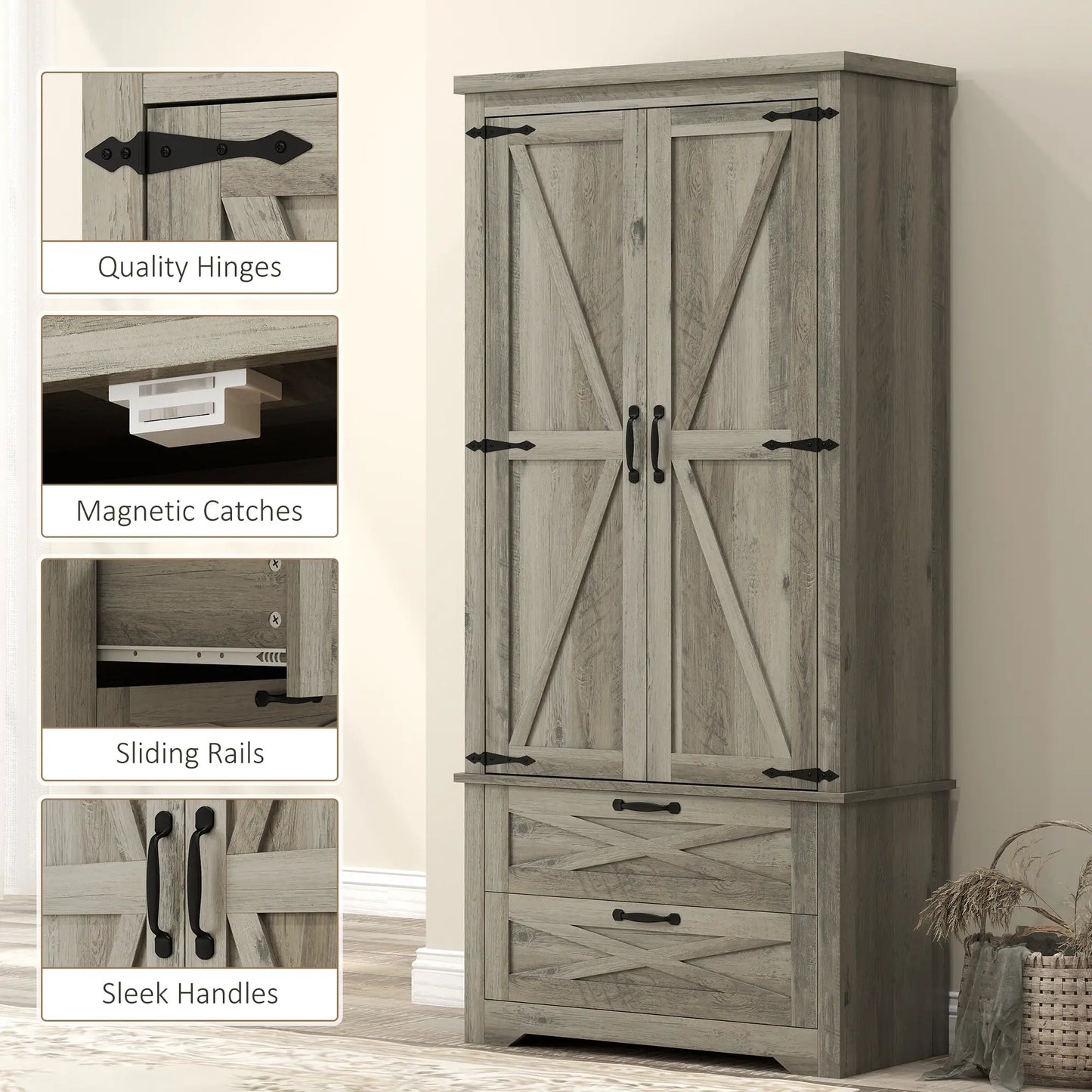 Farmhouse Kitchen Pantry Cabinet, 64" Freestanding with Drawers, Distressed Grey, Grey Kitchen Pantry Cabinets at Gallery Canada