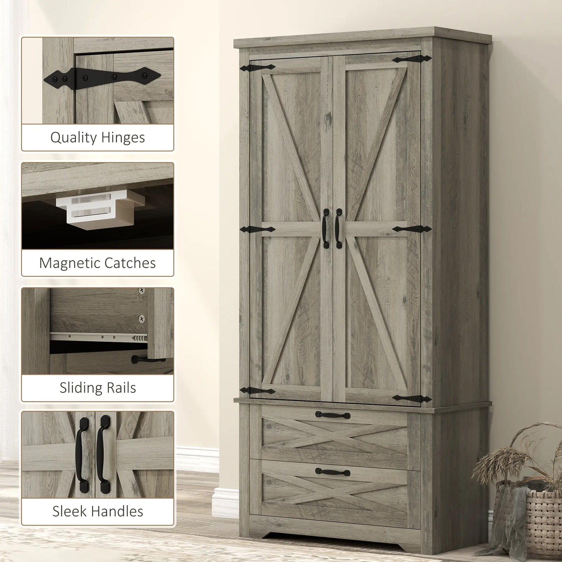 Farmhouse Kitchen Pantry Cabinet, 64" Freestanding with Drawers, Distressed Grey, Grey Kitchen Pantry Cabinets at Gallery Canada