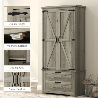 Farmhouse Kitchen Pantry Cabinet, 64" Freestanding with Drawers, Distressed Grey, Grey Kitchen Pantry Cabinets at Gallery Canada