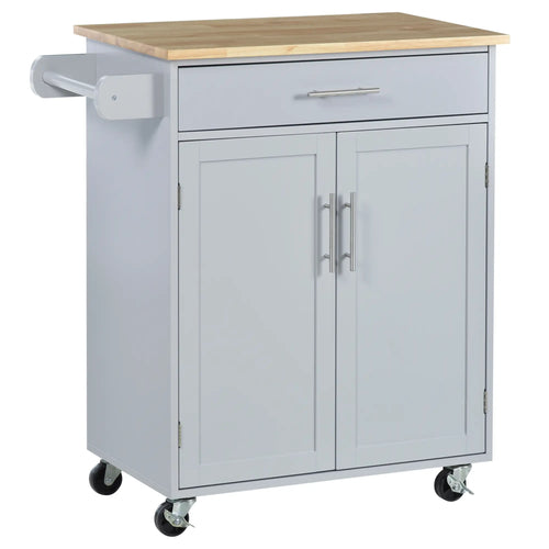 Rolling Kitchen Island Cart, Wood Top, Storage Drawer, Towel Bar, Shelves, Grey