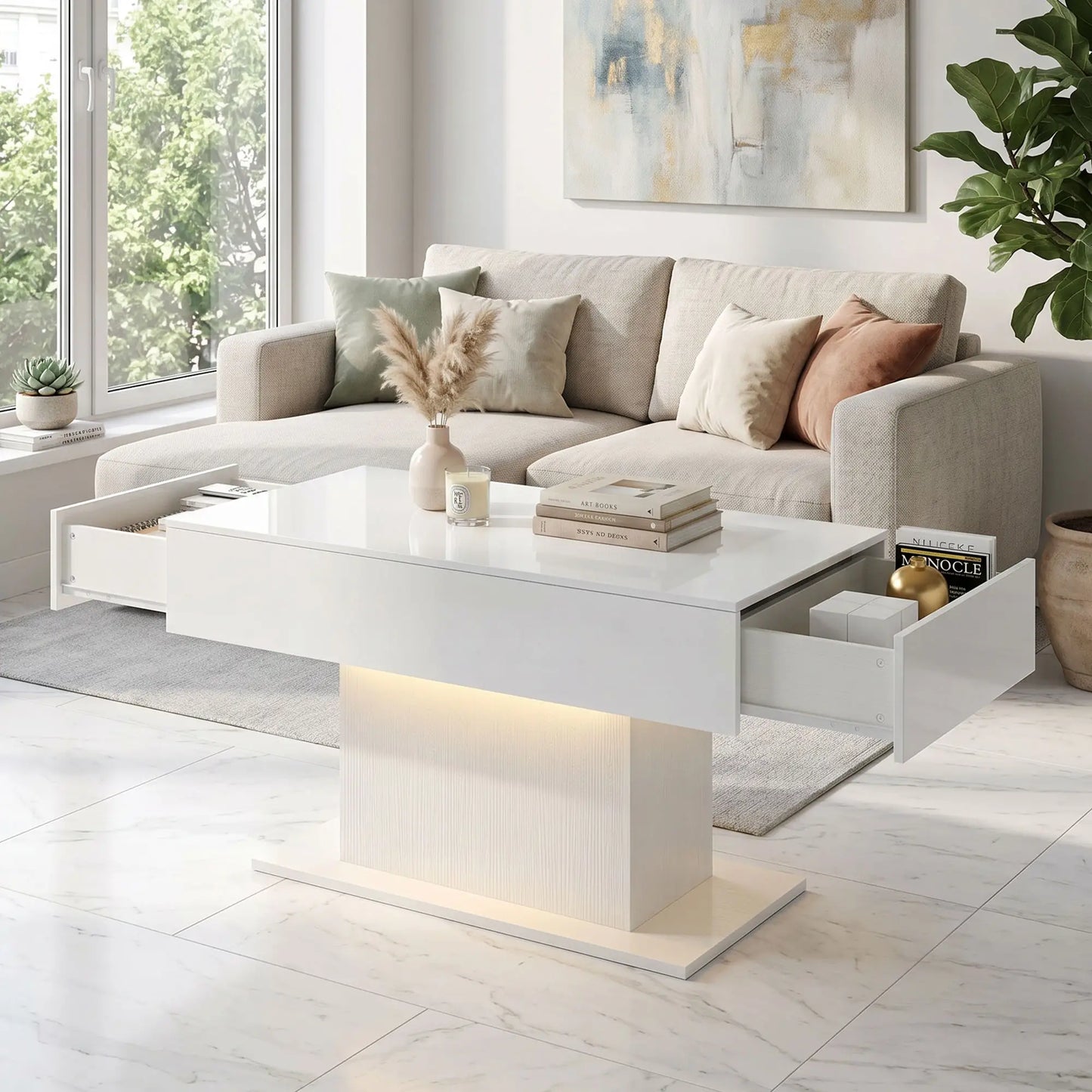 LED Coffee Table with Storage, High Gloss Modern Center Table with 2 Drawers and Remote Control for Living Room, White Coffee Tables at Gallery Canada