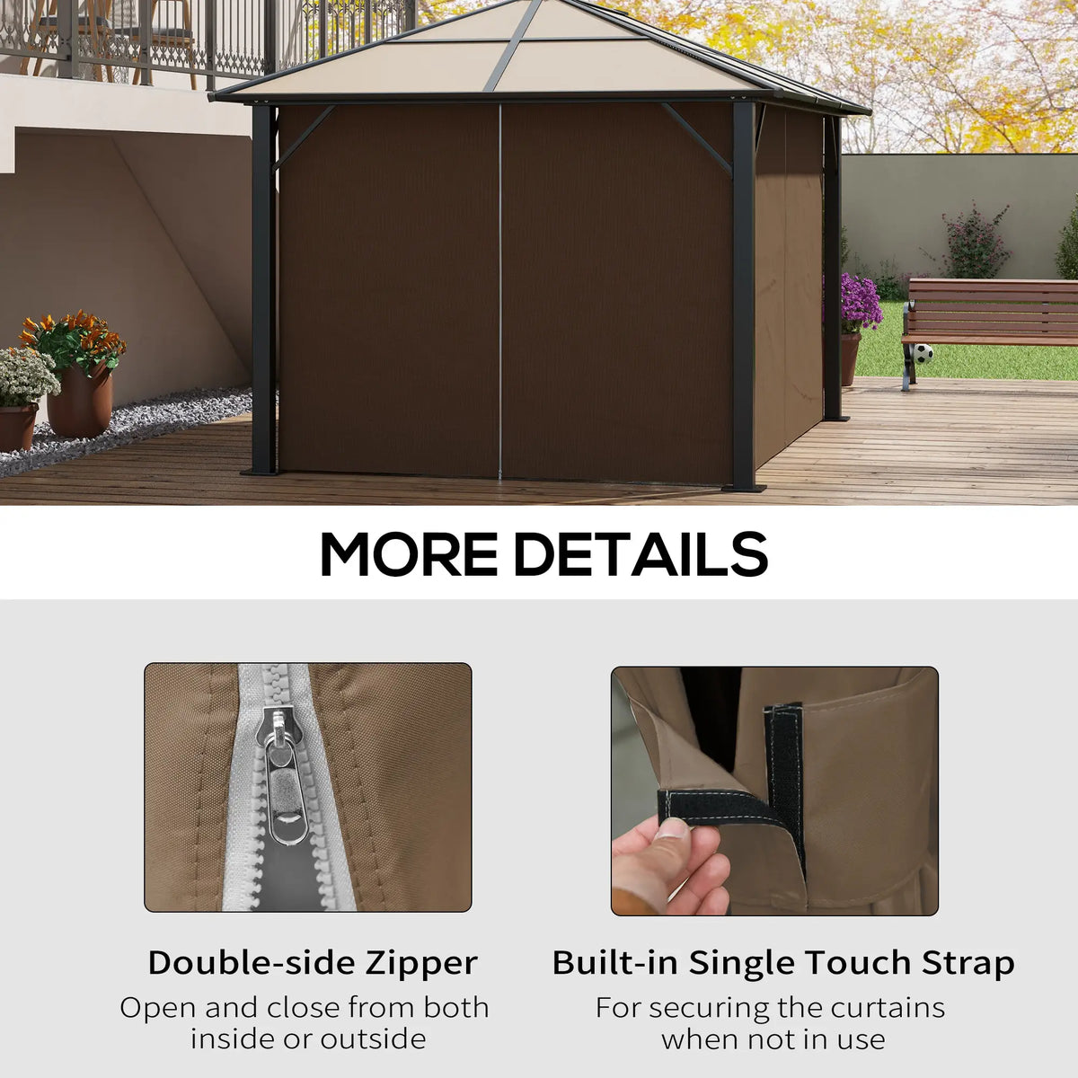 4-Panel Gazebo Curtains, Privacy Sidewall for 10' x 13' Canopy, Dark Brown