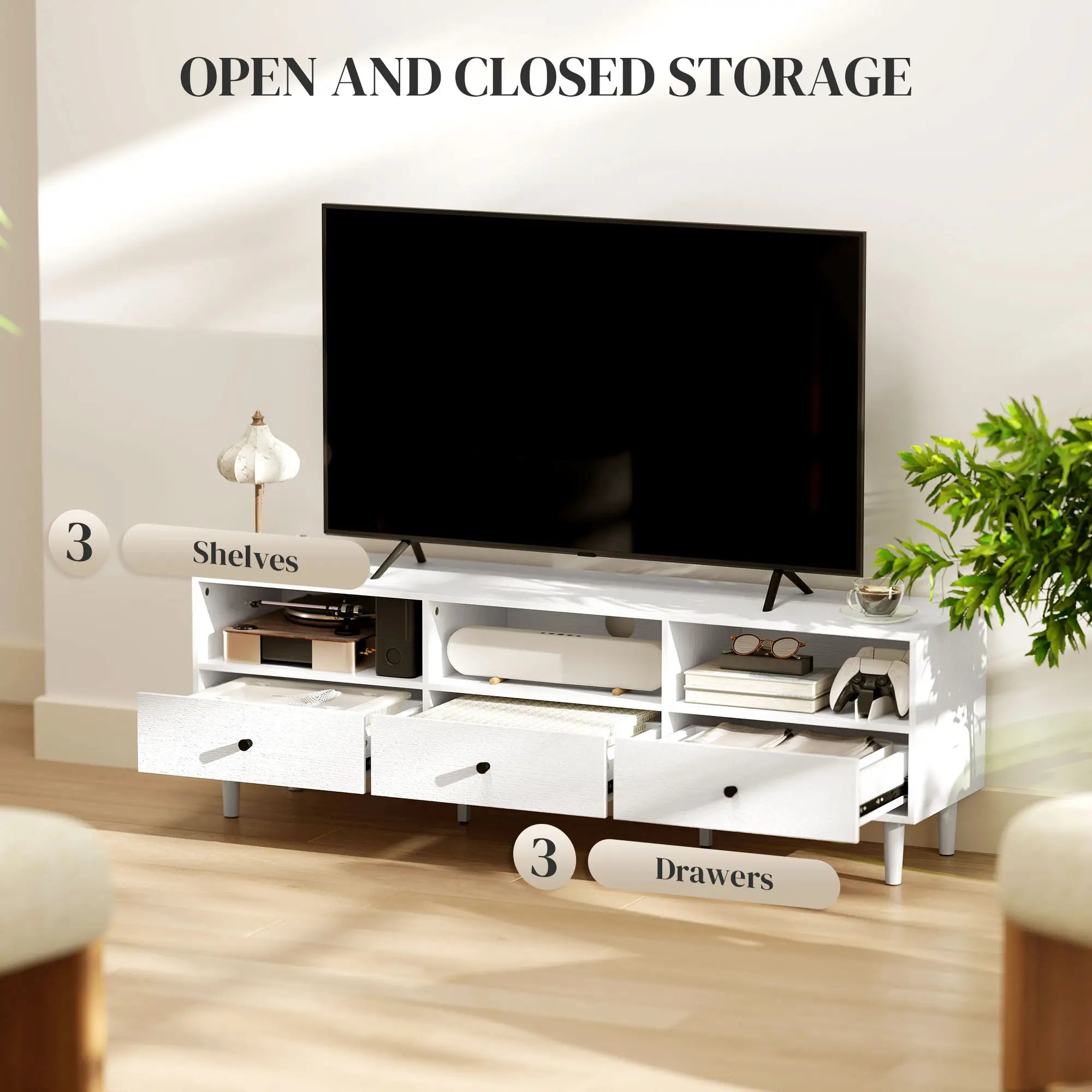 TV Stand for 75 Inches, 3 Storage Shelves, 3 Drawers, White TV Stands at Gallery Canada