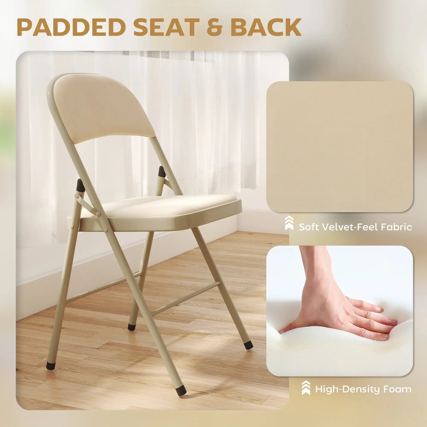 4 Pack Folding Chairs, Padded Seats, Velvet, Steel Frame, Beige Dining Chairs at Gallery Canada