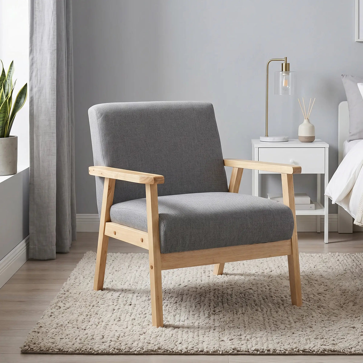 Minimalist Wood Frame Accent Chair, Thick Linen Cushions, Grey Accent Chairs at Gallery Canada