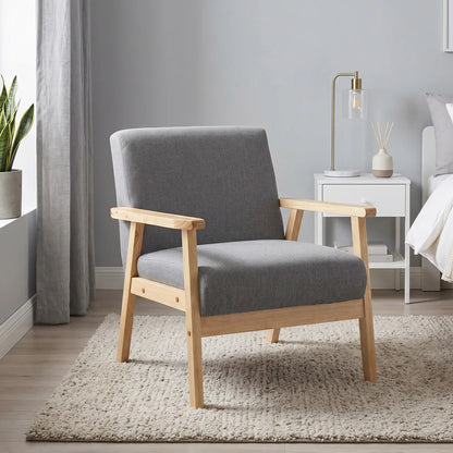 Minimalist Wood Frame Accent Chair, Thick Linen Cushions, Grey Accent Chairs at Gallery Canada