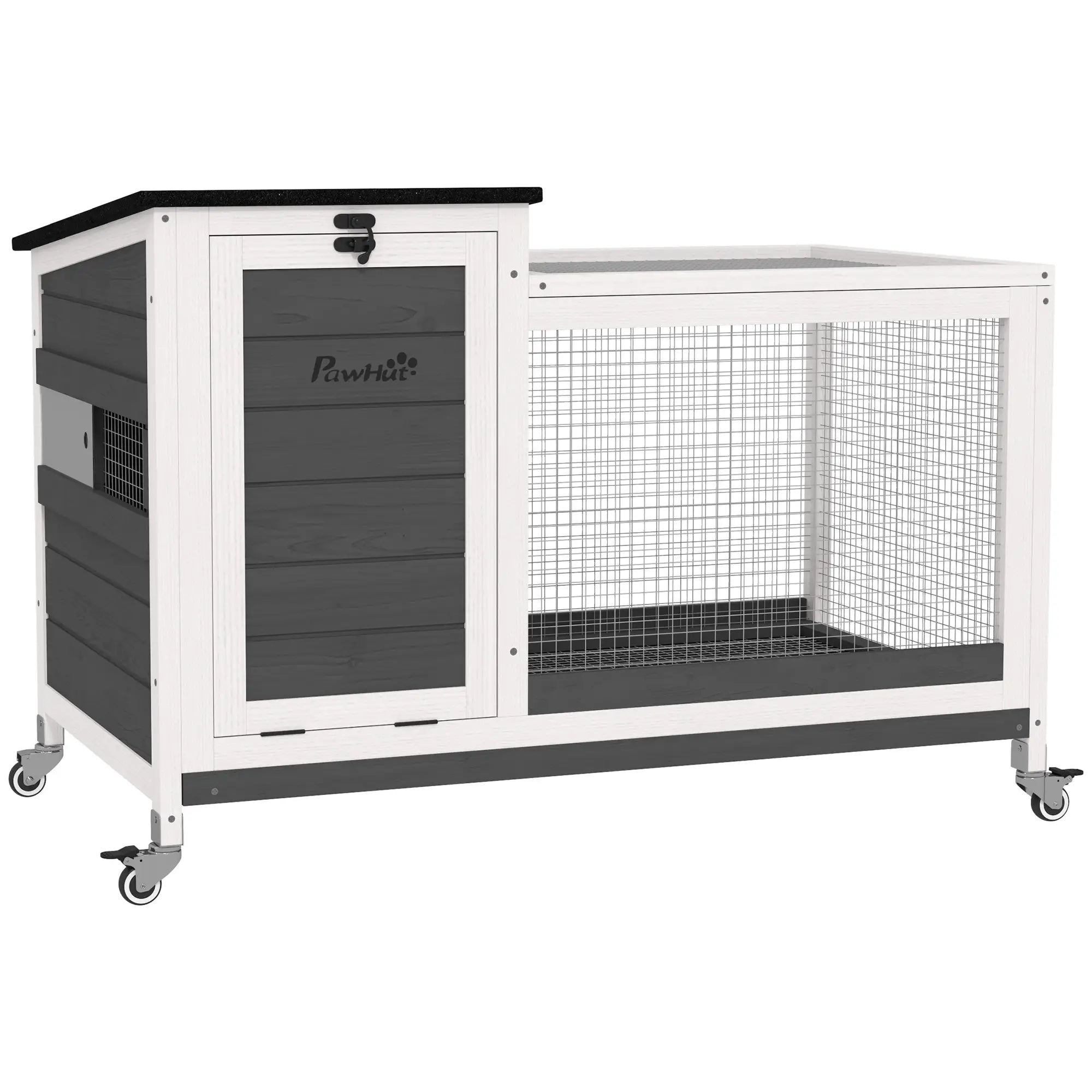 Wooden Rabbit Hutch, Pull-Out Tray, Openable Roof, Small Animal Cage on Wheels, Grey Rabbit Hutch Dark Grey, White, Black at Gallery Canada
