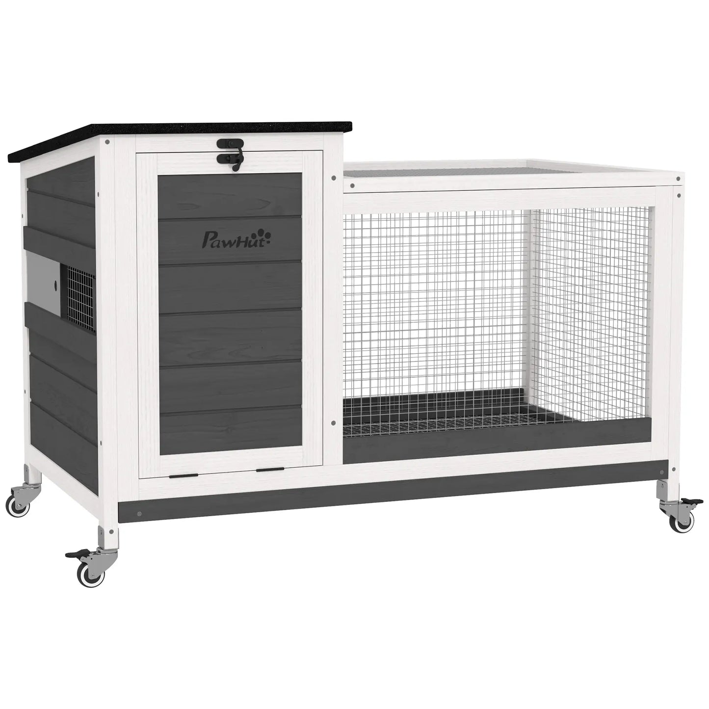 Wooden Rabbit Hutch, Pull-Out Tray, Openable Roof, Small Animal Cage on Wheels, Grey Rabbit Hutch Dark Grey, White, Black at Gallery Canada