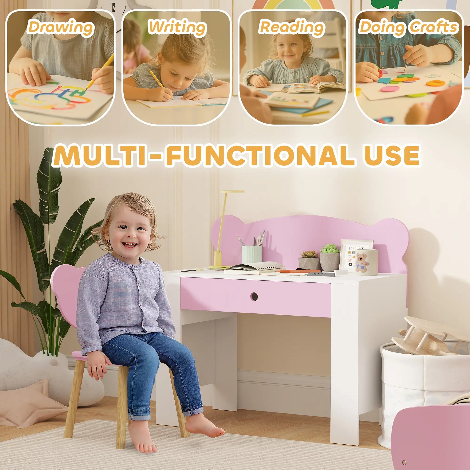 Kids Desk and Chair Set, Bear Theme, for Bedroom, Pink Kids Desk Sets at Gallery Canada