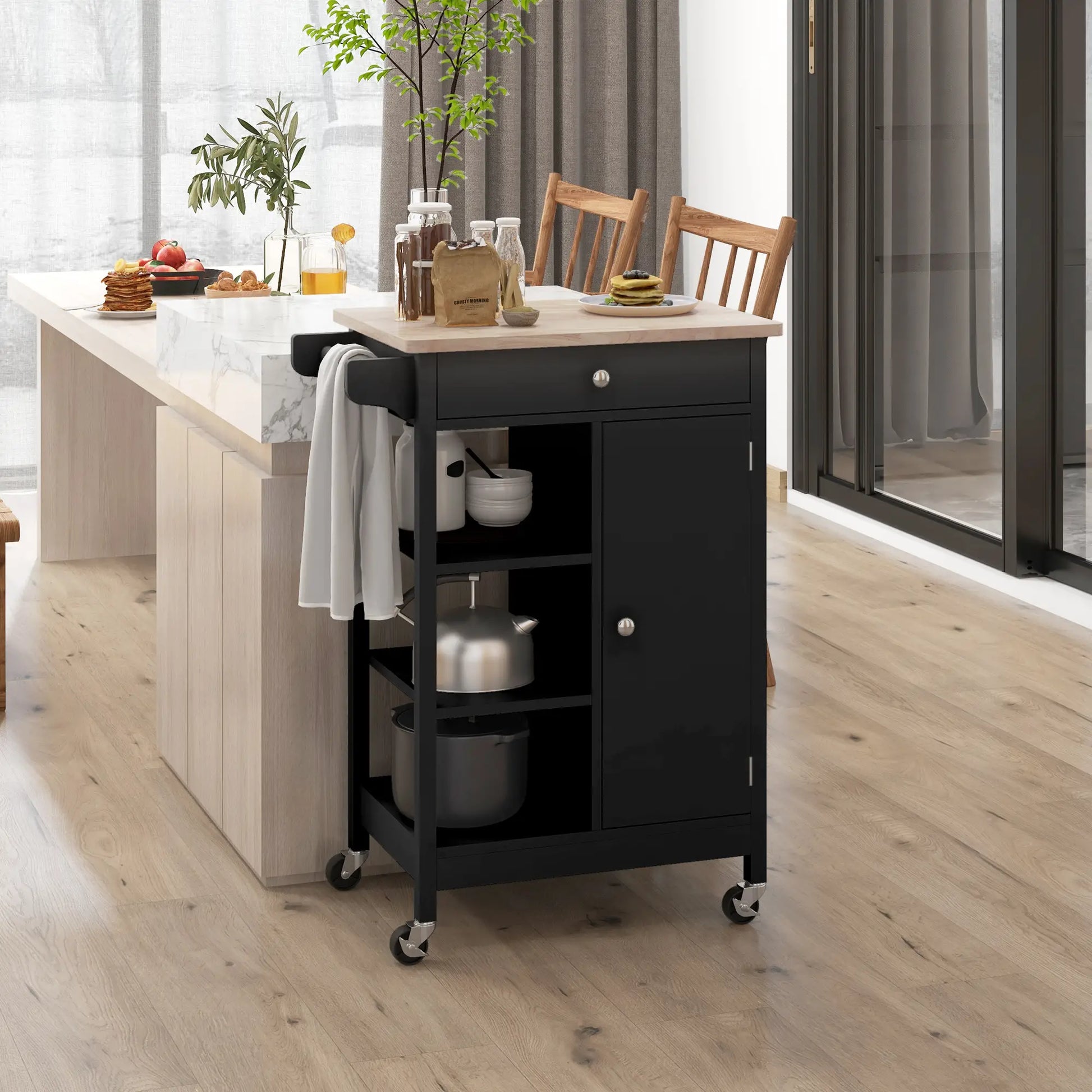 Modern Rolling Kitchen Island Cart, Natural Wood Top, Black Kitchen Islands & Kitchen Carts at Gallery Canada
