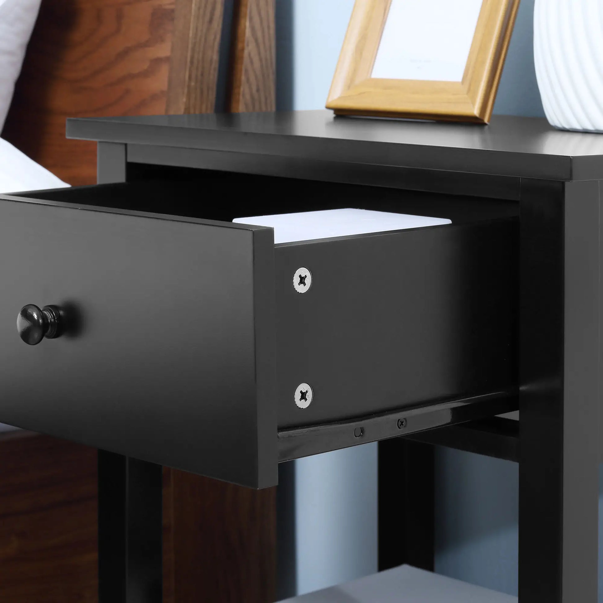 Modern Nightstand, Small End Table with Drawer, Storage Shelf, Black Side Tables at Gallery Canada
