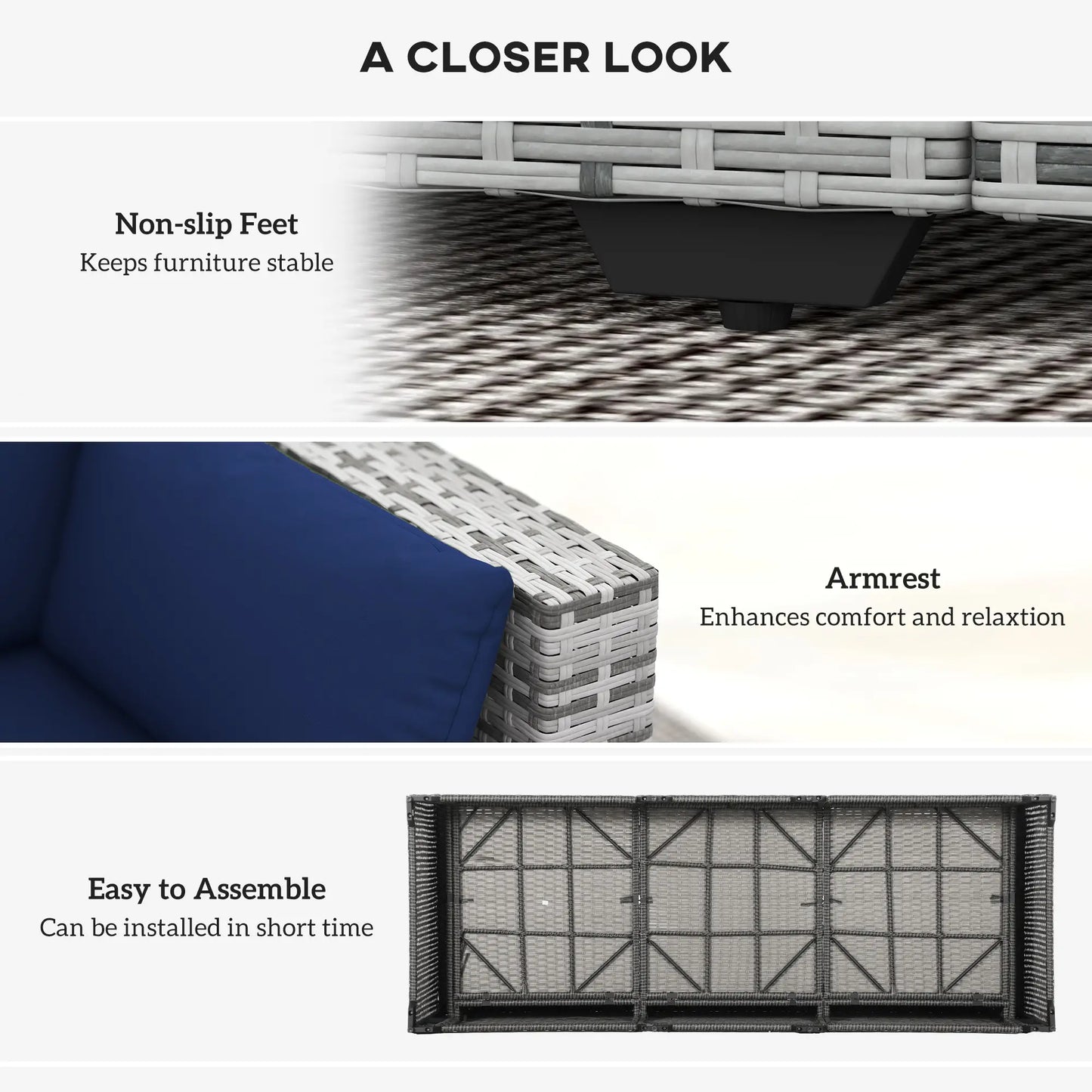 3-Seater Outdoor Sofa with Cushions, PE Rattan, Dark Blue Patio Furniture Sets at Gallery Canada