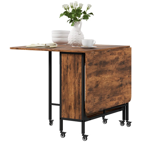 Folding Dining Table, Extendable Kitchen Table, Rustic Brown, 6 Wheels, Brown
