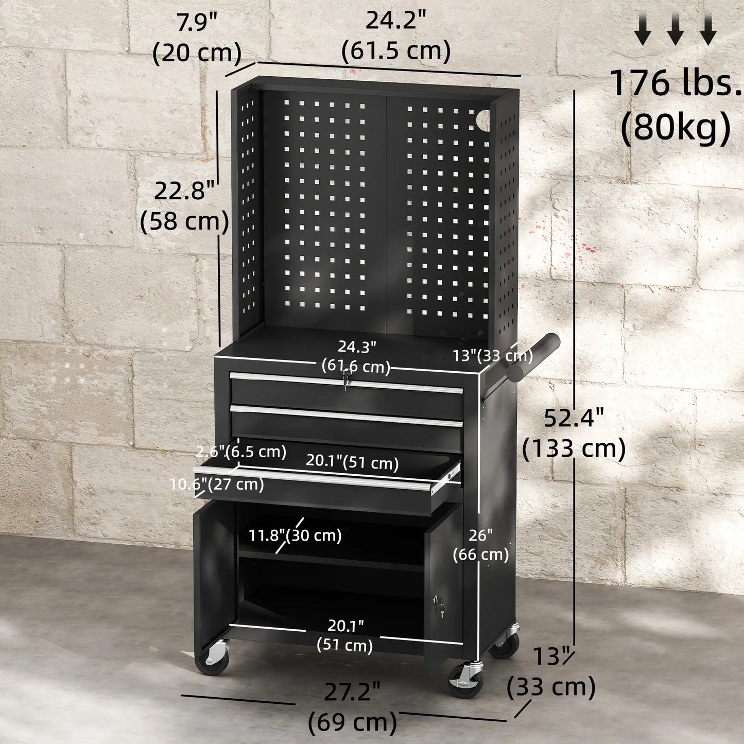 Rolling Tool Cabinet with Pegboard, Lockable Tool Chest, Mobile Tool Storage Organizer for Garage and Workshop, Black Tool Organizers at Gallery Canada