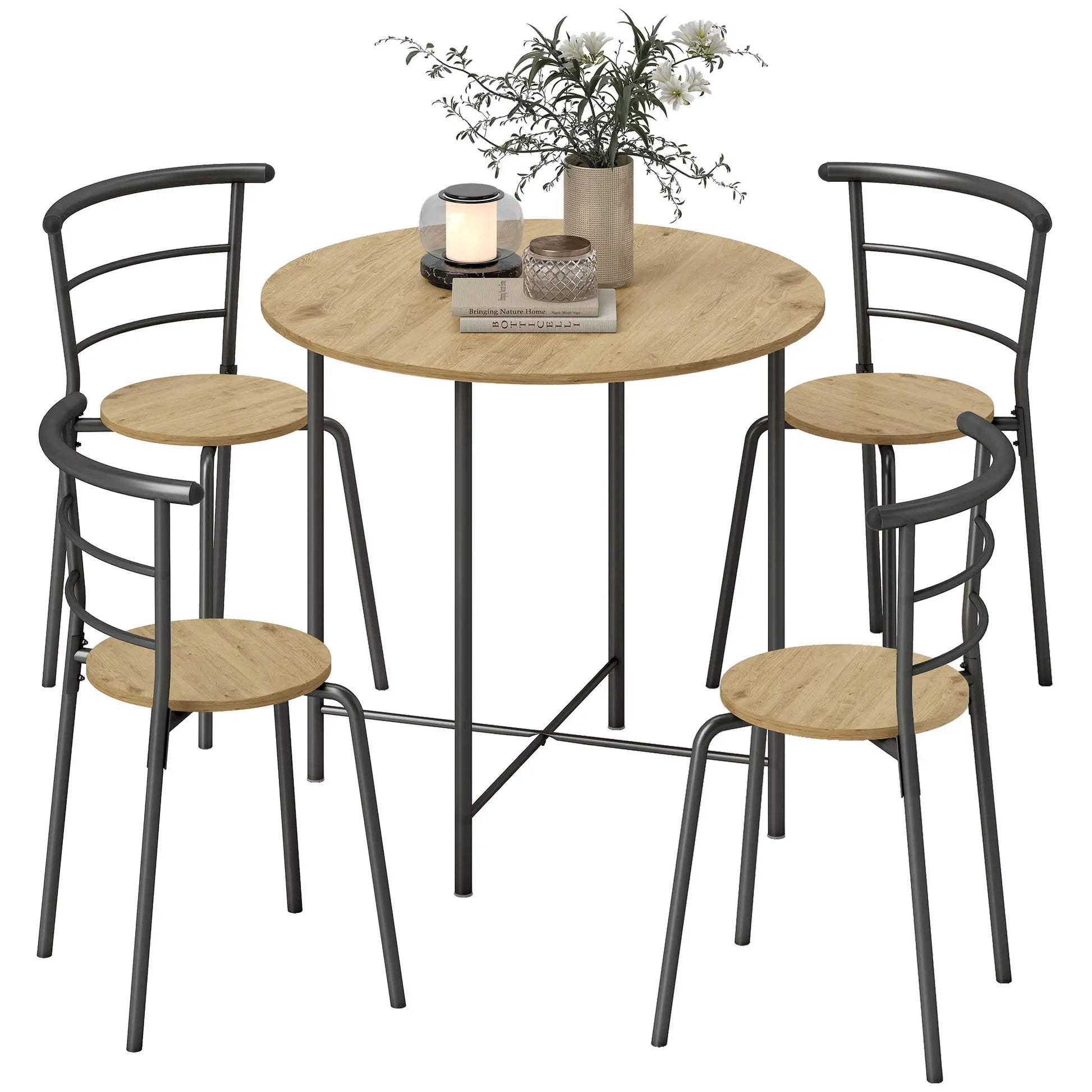 5 Piece Dining Table Set, Round for 4, Metal Frame, Natural Dining Table Sets at Gallery Canada