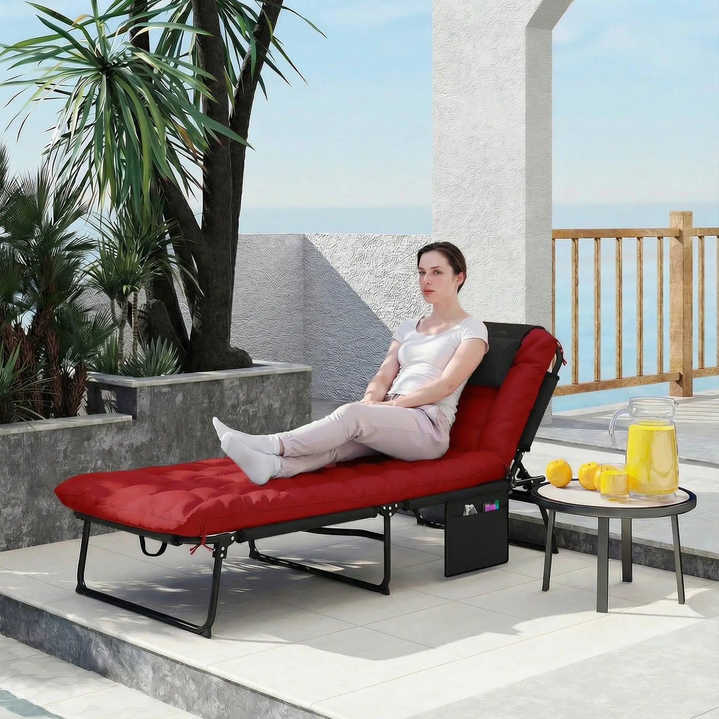 Folding Lounge Chair, 4-Level Reclining Back, Wine Red Lounger Chairs at Gallery Canada
