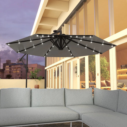 9.5' Offset Patio Umbrella with Solar LED Lights, Dark Grey