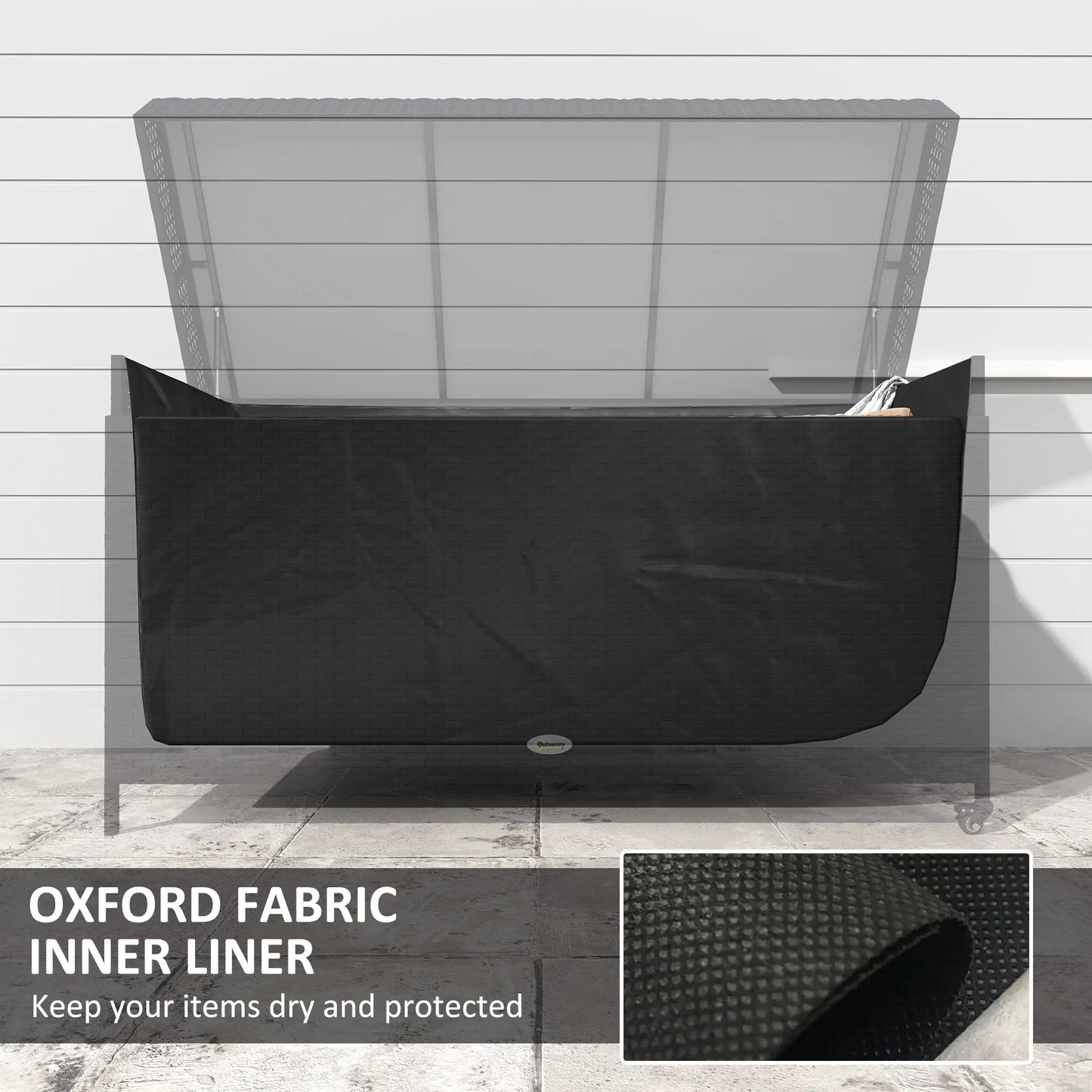 165 Gallon Deck Box, Wicker Outdoor Storage, Waterproof Liner, Black Patio Storage Boxes at Gallery Canada